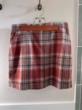 Plaid Wool Blend Mini Skirt - Rust orange, cream and blue